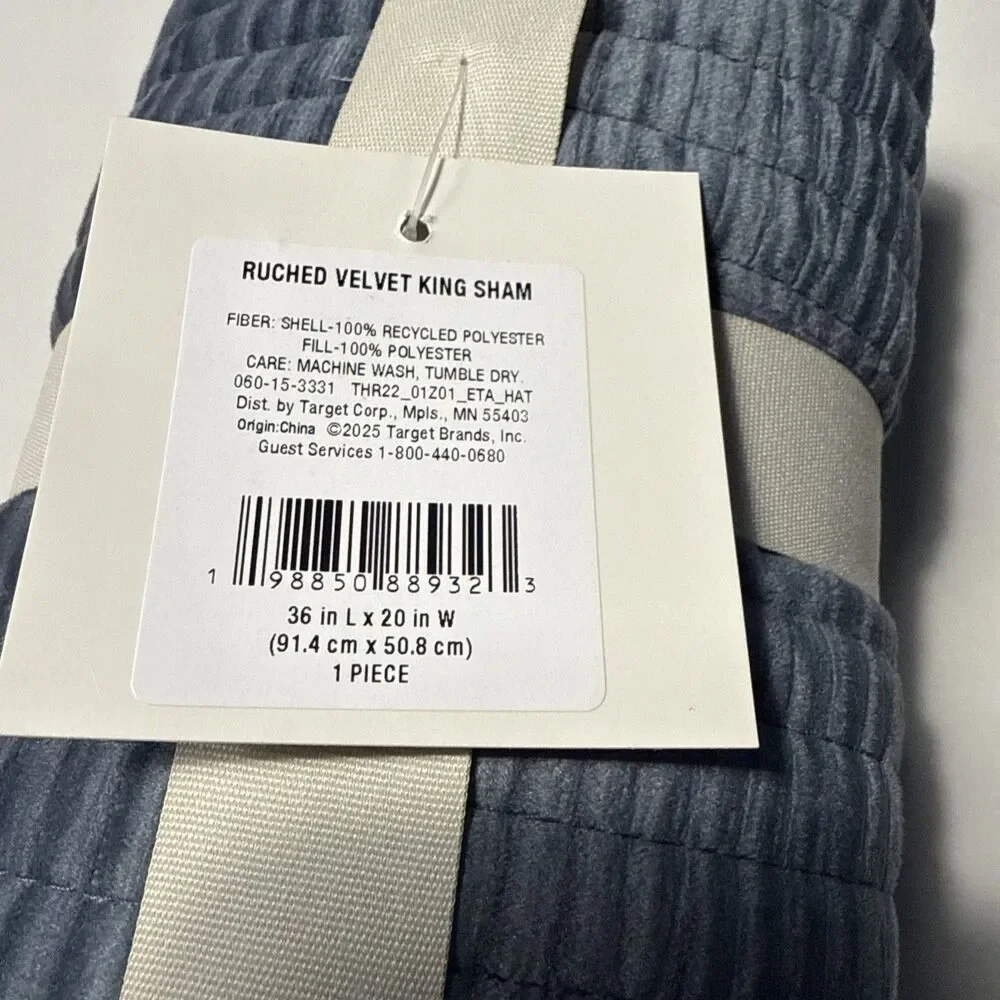 Threshold Ruched Velvet King Sham 36 X 20 Blue Gray Textured Modern NWT